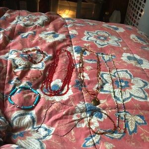 Assorted Women’s Beaded Necklace and Bracelet Set - Red, Turquoise, Gold